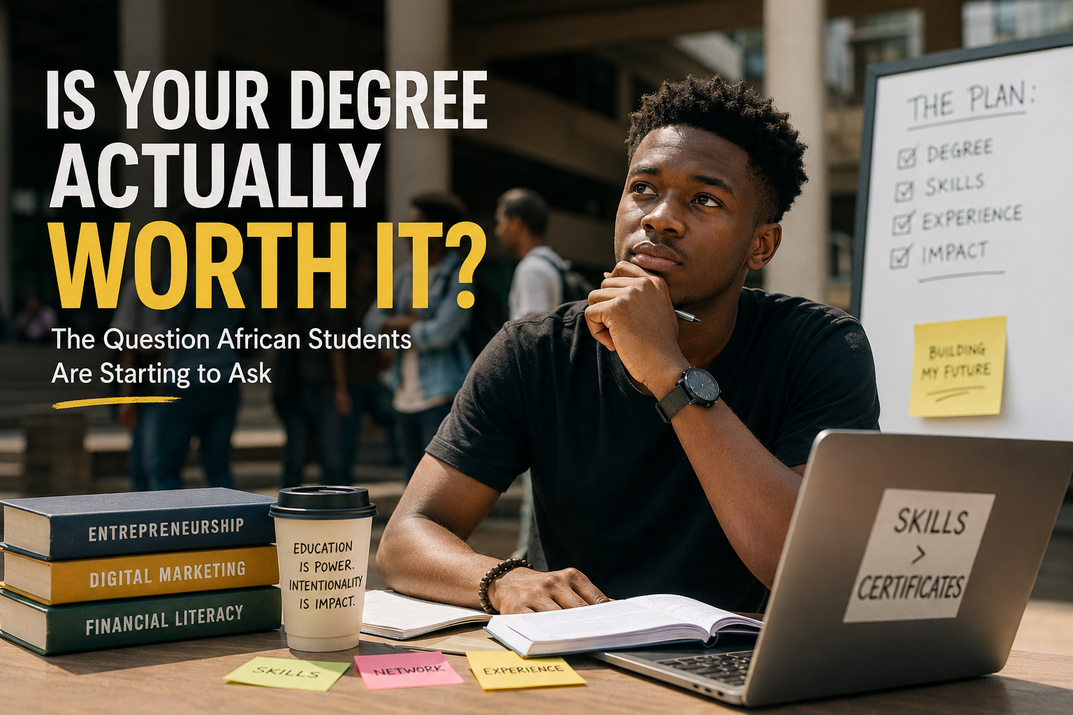 African university graduate contemplating the value of their degree